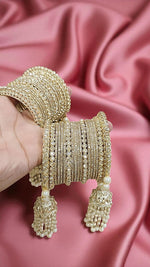 Gold Plated Kundan Bridal Chooda with Pearl Jhumki Hangings – Traditional Wedding Bangle Set