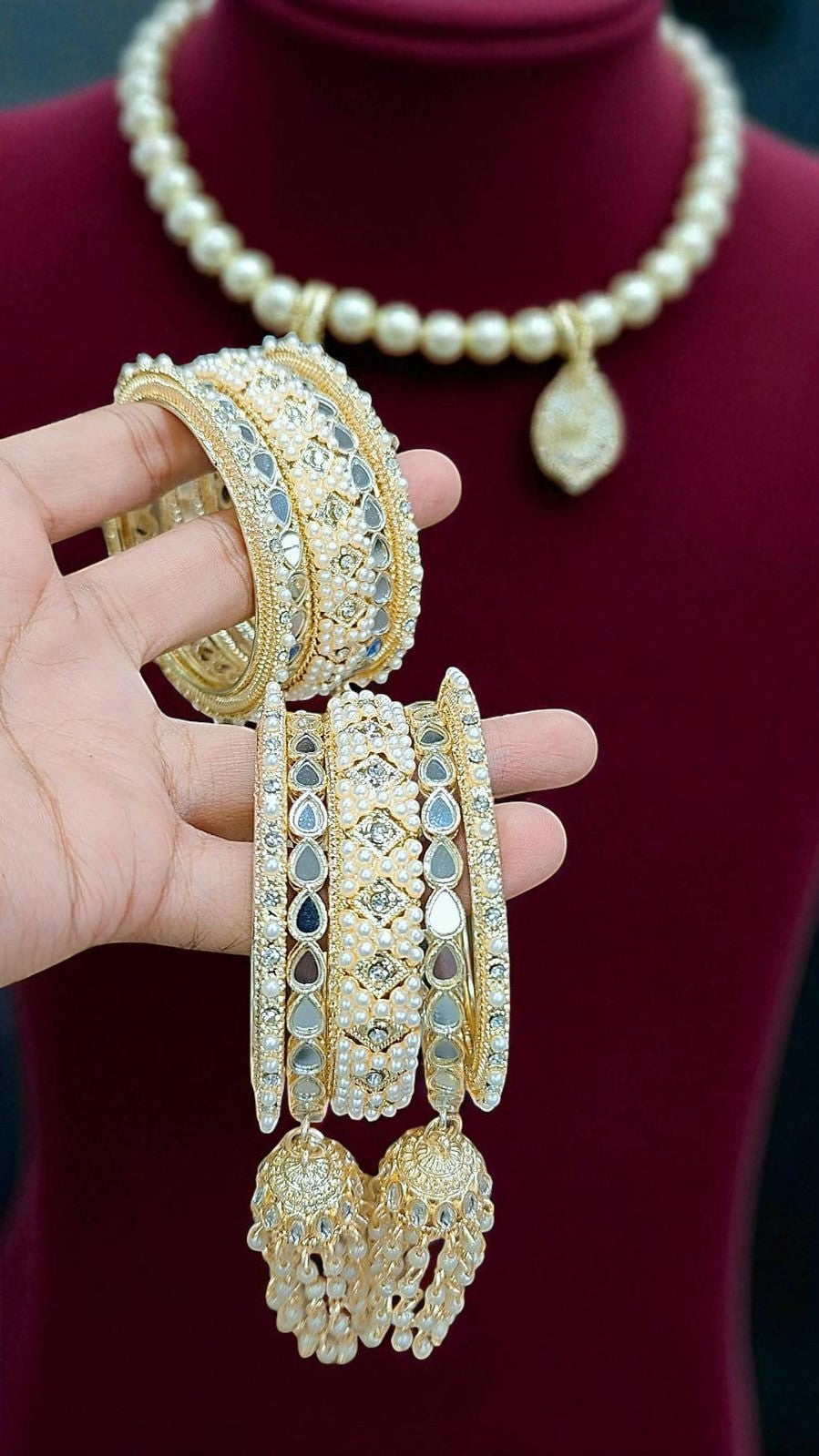 Elegant Gold-Plated Pearl & Kundan Bridal Bangles with Hanging Tassels