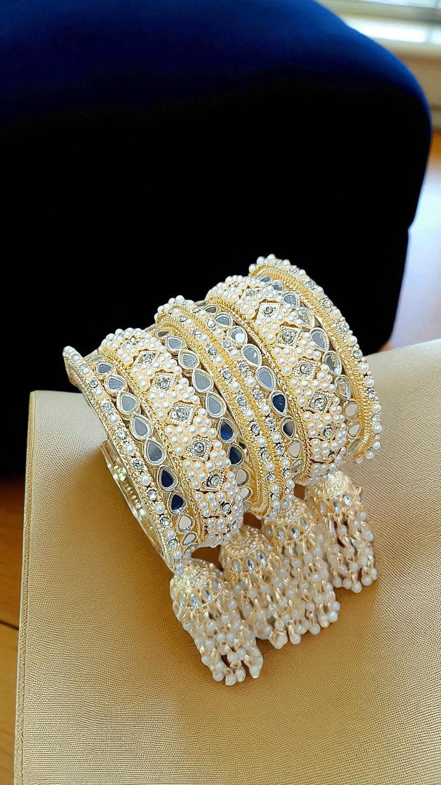 Elegant Gold-Plated Pearl & Kundan Bridal Bangles with Hanging Tassels