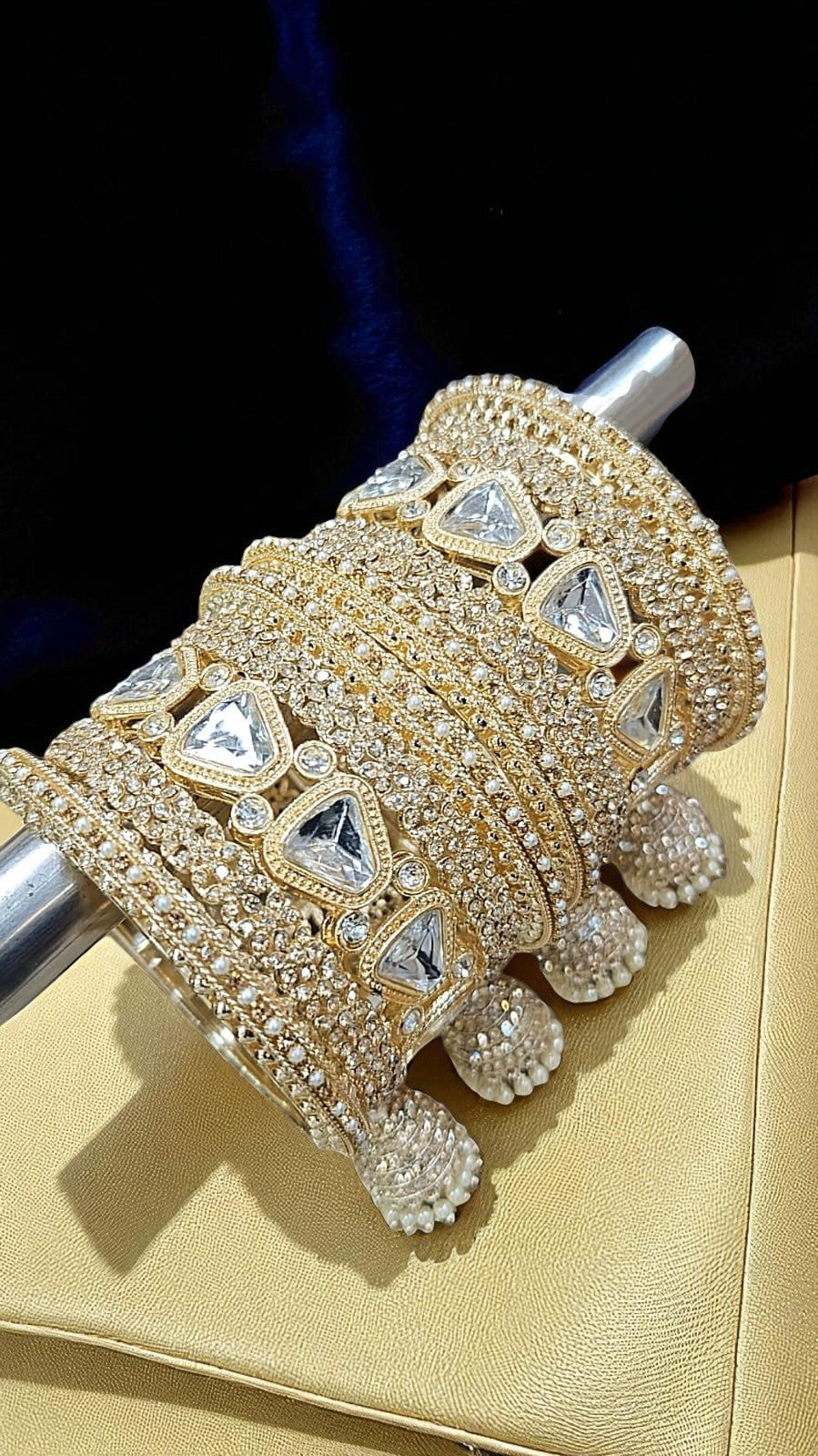 Luxury Gold-Plated Bridal Bangles with Crystal Stones & Jhumka Tassels