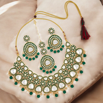 Green Stone Beads Kundan Necklace Earring Maangtika, Indian Pearl Choker Set, Earrings Maangtika Set, Pakistani Jewellery Set