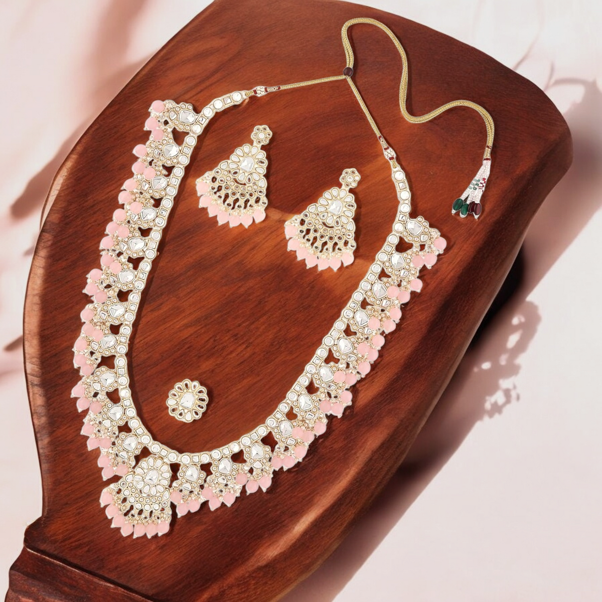 Dazzling Kundan Ethnic Bridal Necklace Earring Ring Set,Kundan Bridal Necklace Set - Indian Choker with Earrings