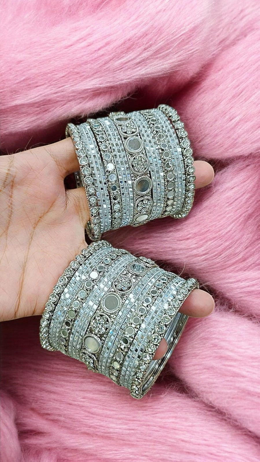 Silver Mirror Stone Bangles Set | Indian Jewellery | Bridal Bangle Set | Premium Indian Bangles Set
