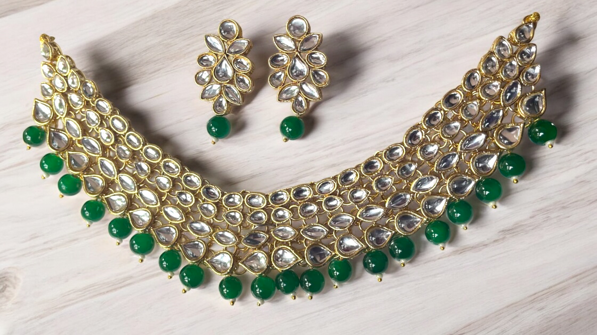 Green Kundan Stylish Choker Pearl Earrings Set, Pearl Bridal Choker, Pearl Earings Set, Bollywood Necklace Earrings, Pakistani Kundan Necklace Set