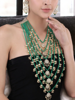 Floral Multi Layered Gold-Plated & Green Stone-Studded Jewellery Set