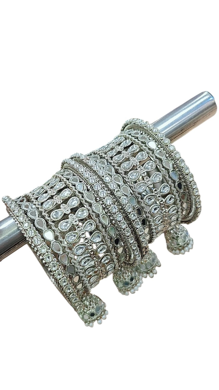 Silver Kundan Touch Look Bangle Set – Elegant Stone-Studded Traditional Jewelry