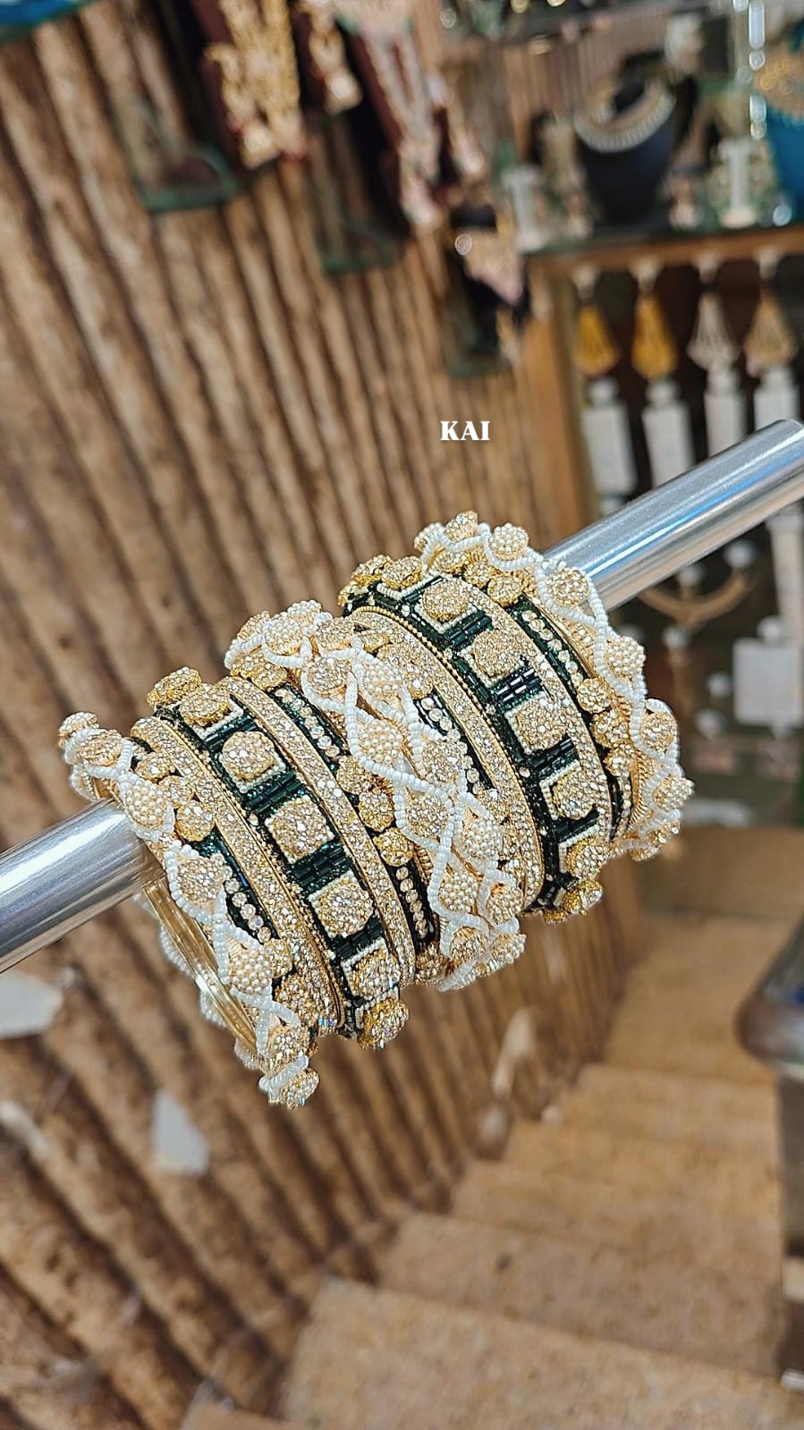 Stone Shadow Bangle Set with Moti Touch – Elegant Gold-Tone Traditional Jewelry