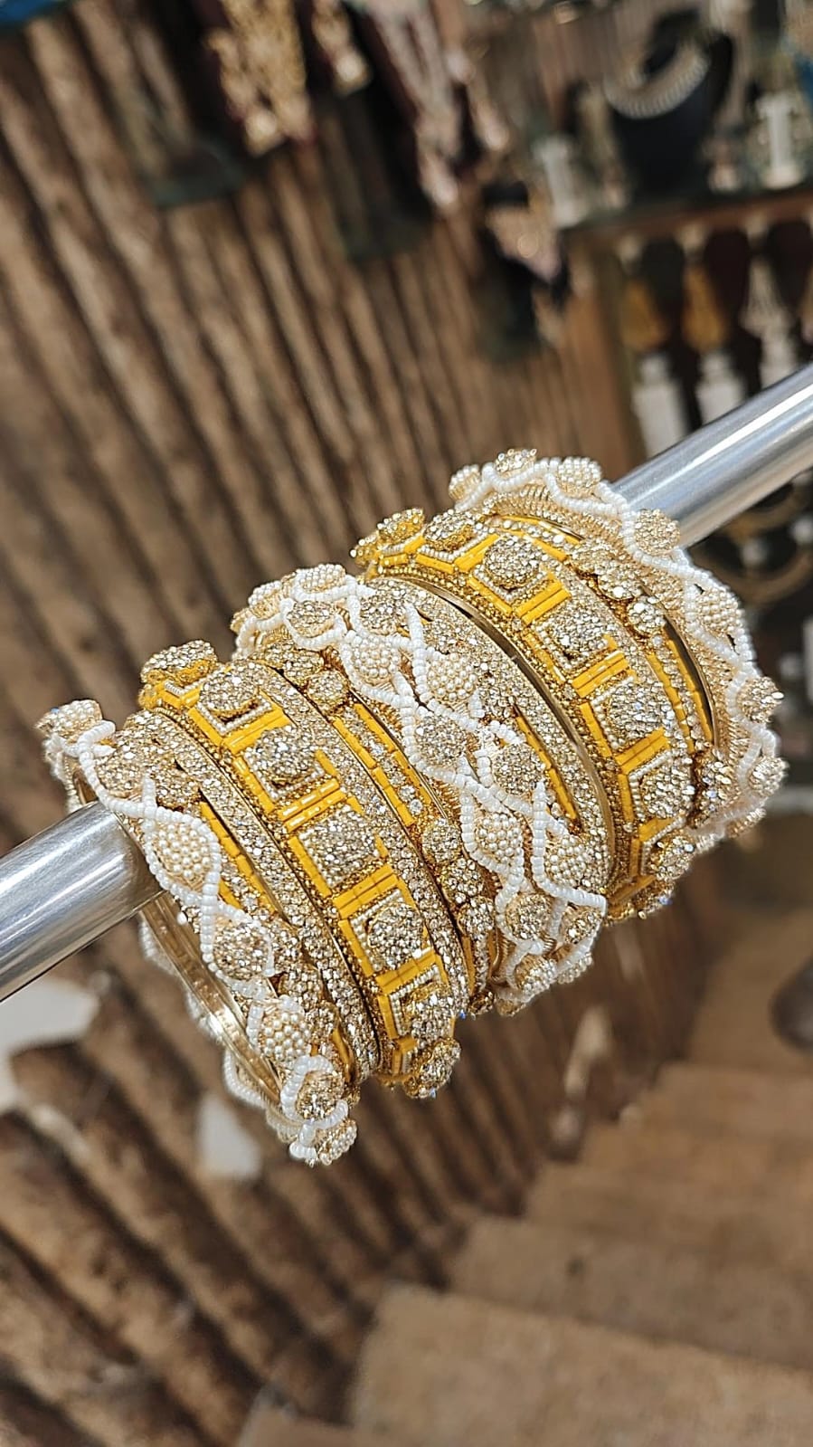 Stone Shadow Bangle Set with Moti Touch – Elegant Gold-Tone Traditional Jewelry