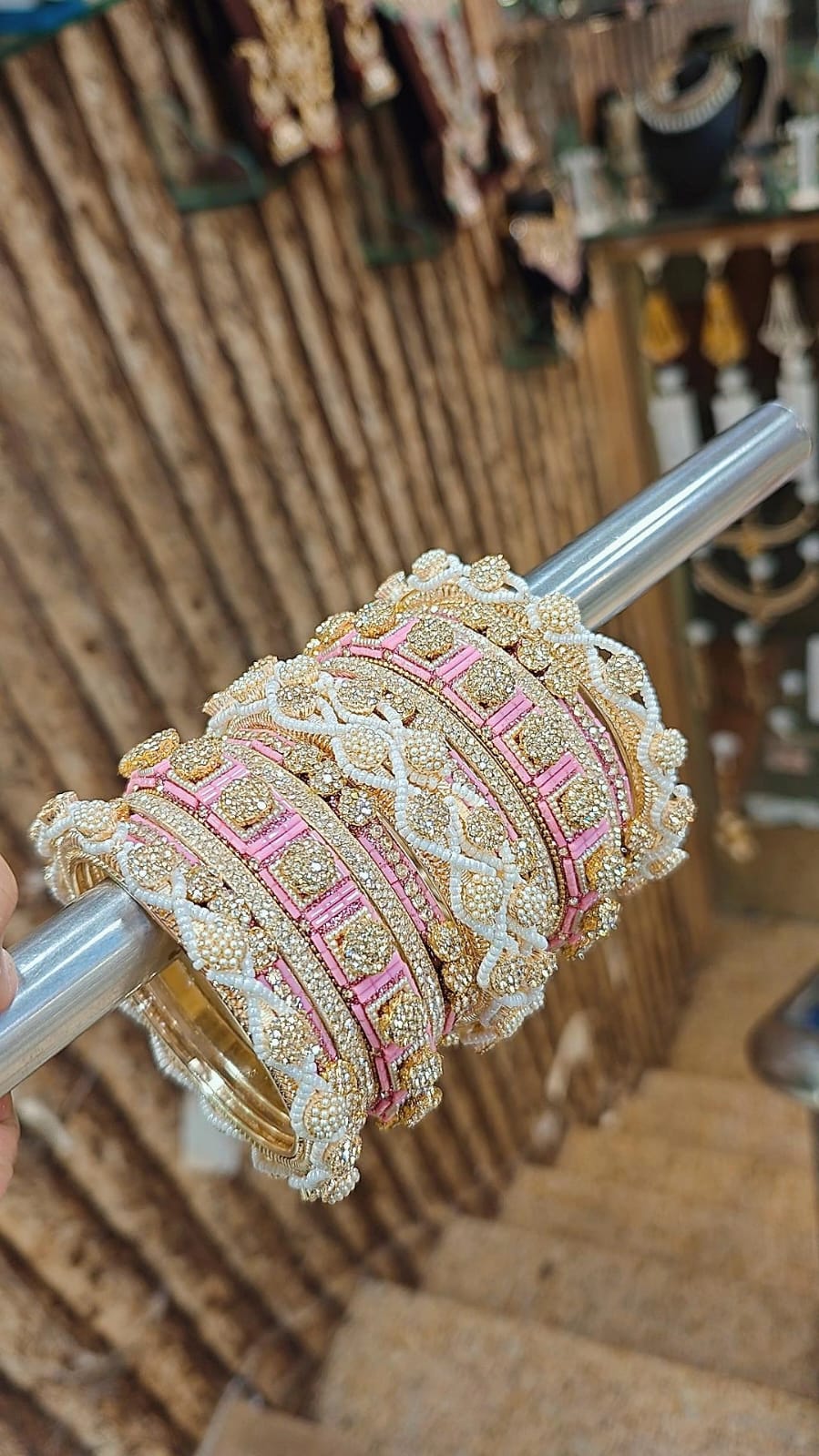 Stone Shadow Bangle Set with Moti Touch – Elegant Gold-Tone Traditional Jewelry