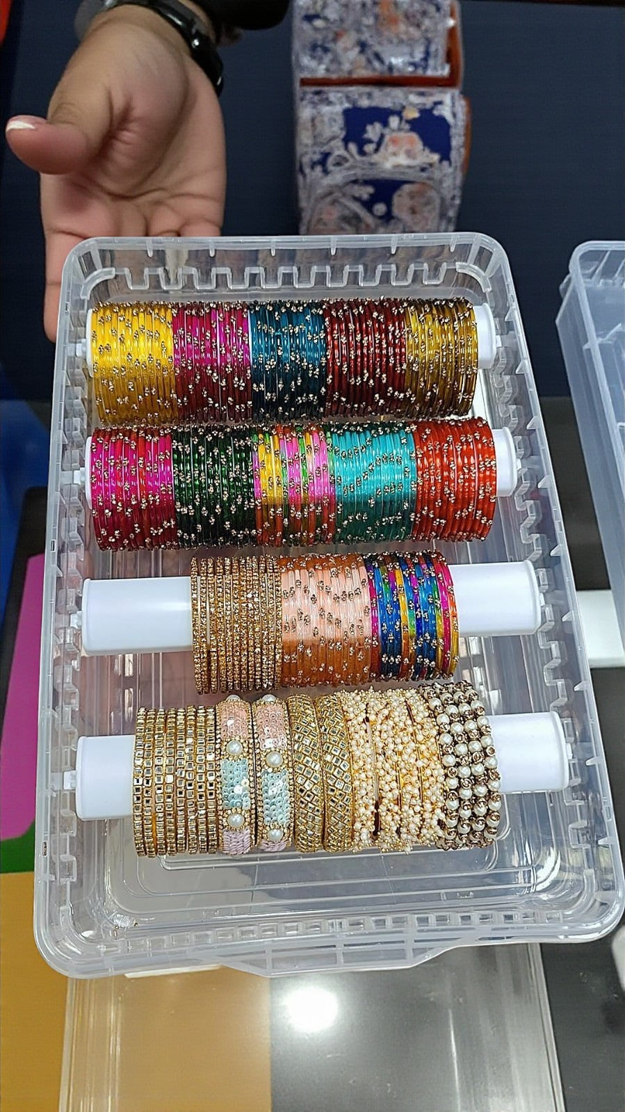 Glossy Stone Glass Combo Box with Beautiful Stone Bangles & 4-Roll Storage Box