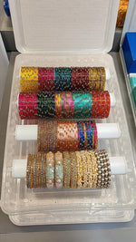 Glossy Stone Glass Combo Box with Beautiful Stone Bangles & 4-Roll Storage Box