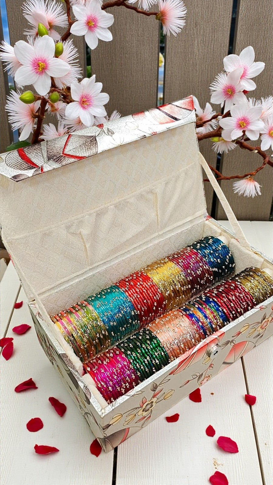 Glossy Stone Glass Bangles with 2-Roll Box – 12 Dozen in 12 Vibrant Colours