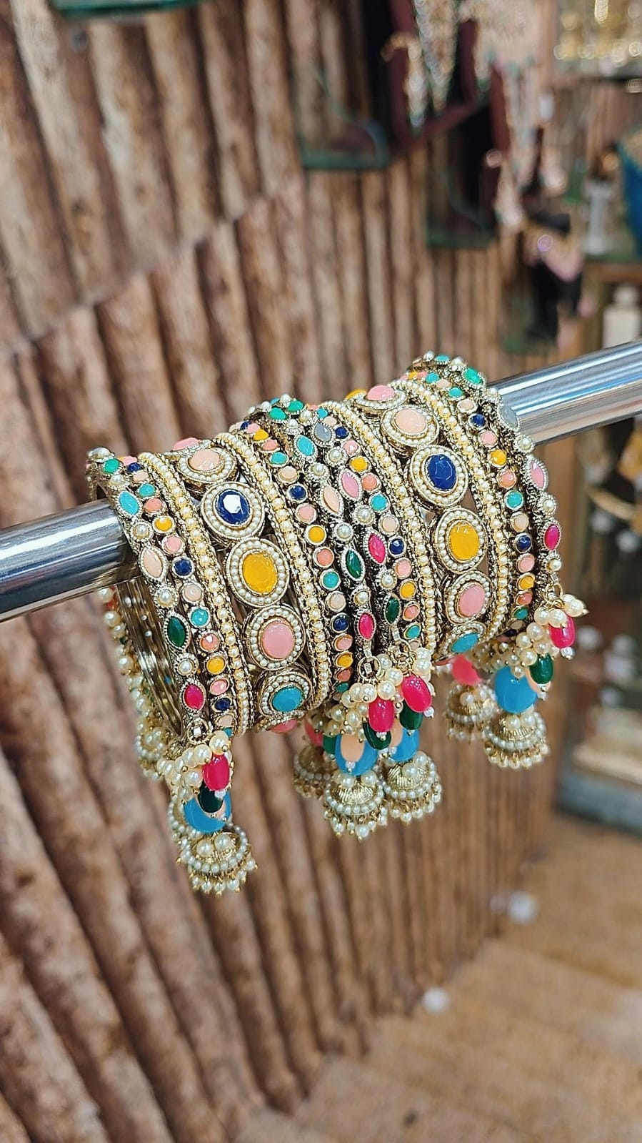 Royal Irani Multi-Stone Bangles Set with Moti Jhumar Design - Libasaa.com