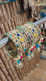 Royal Irani Multi-Stone Bangles Set with Moti Jhumar Design