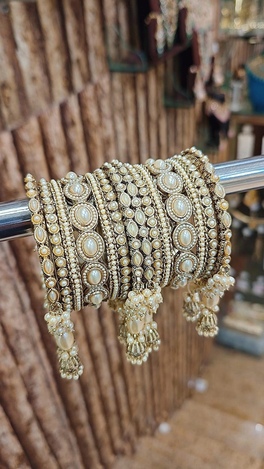 Royal Irani Multi-Stone Bangles Set with Moti Jhumar Design - Libasaa.com