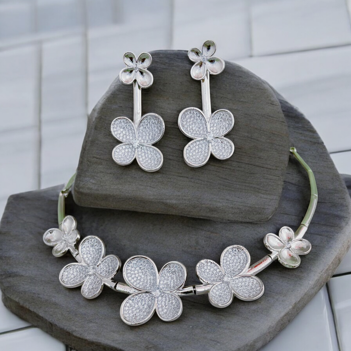 Floral Cubic zirconia Choker AD Earrings Set, Bollywood AD Jewelry, Floral CZ Necklace Set, Indian AD Jewelry, AD Earrings, CZ Set