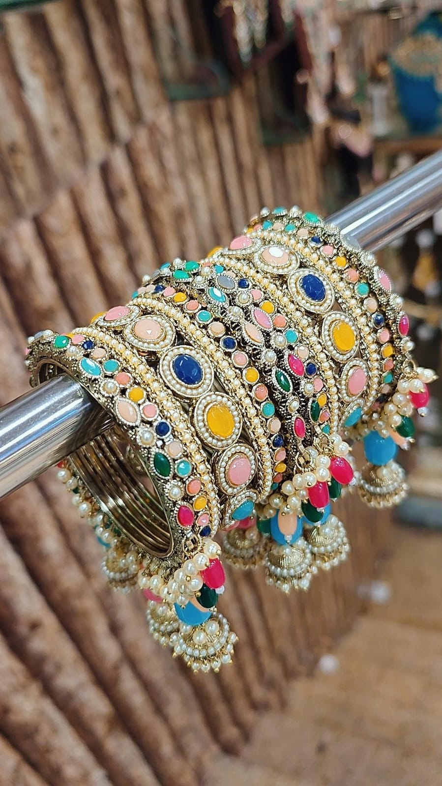 Royal Irani Multi-Stone Bangles Set with Moti Jhumar Design - Libasaa.com