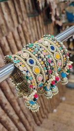Royal Irani Multi-Stone Bangles Set with Moti Jhumar Design - Libasaa.com