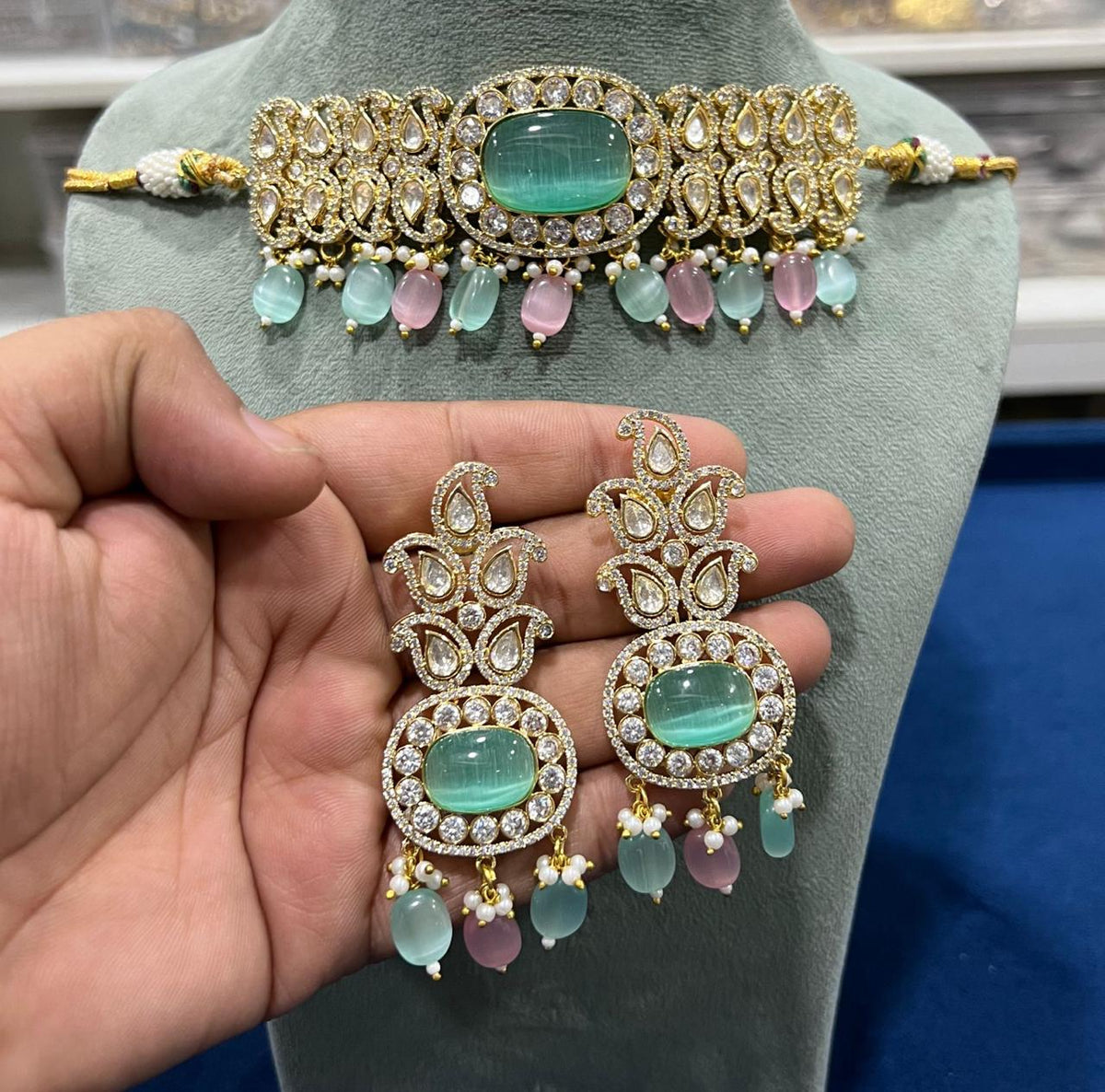 Elegant Wedding CZ Choker Matching FloralEarrings Set, Floral AD Jewelry Set, Floral CZ Choker Earrings, AD jewelry set, Wedding AD Floral Necklace