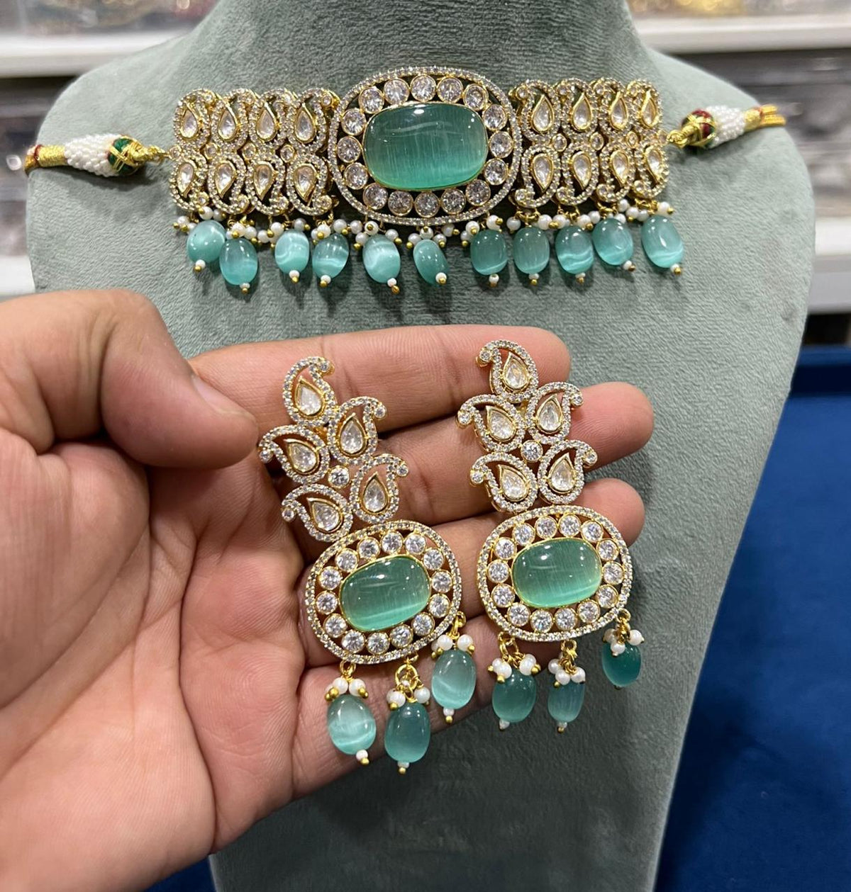 Elegant Wedding CZ Choker Matching FloralEarrings Set, Floral AD Jewelry Set, Floral CZ Choker Earrings, AD jewelry set, Wedding AD Floral Necklace