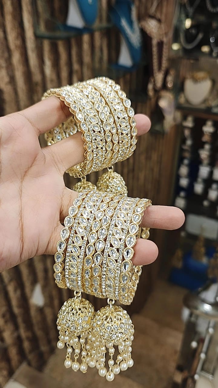 Royal Kundan Stone Bangles Set with Jhumar Kada – Perfect Bridal Jewelry for Weddings - Libasaa.com