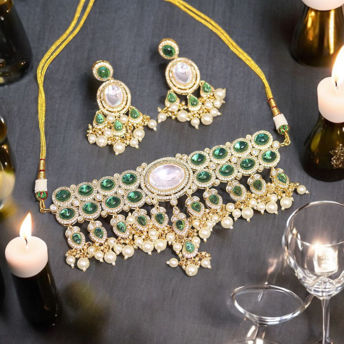 Indian Celebrity AD Choker Set Indian CZ Jewelry, Celebrity AD Necklace Set, Pakistani AD Choker Earrings Set, Indian AD Chandbali Set, Pakistani Choker Set, Bridal CZ Necklace Earrings Set