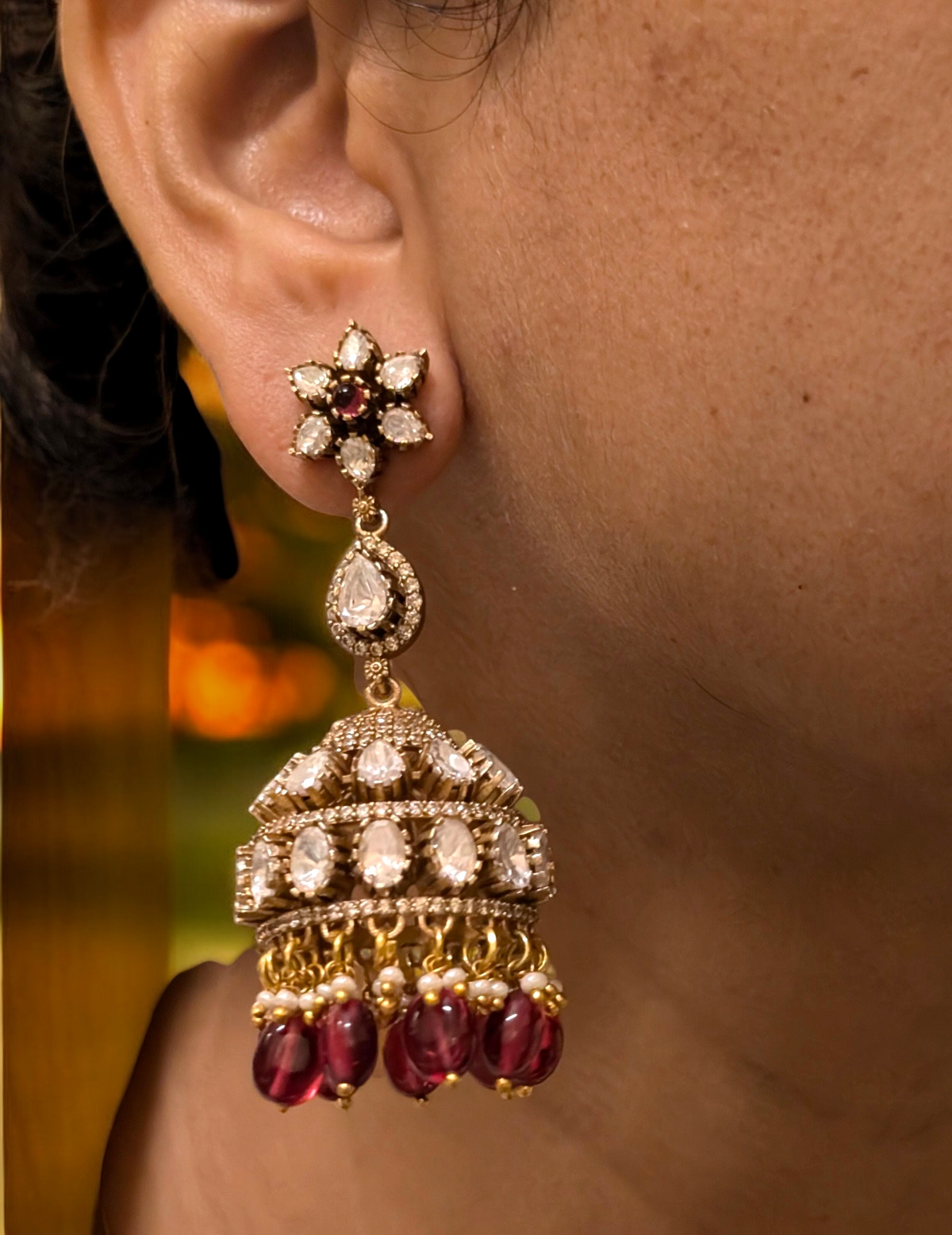 Gold Plated Red Peacock AD Necklace CZ Jhumka Set, Gold Plated AD Jewellery Set, Peacock Inspired AD Necklace Earrings Set, Peacock CZ Necklace Set