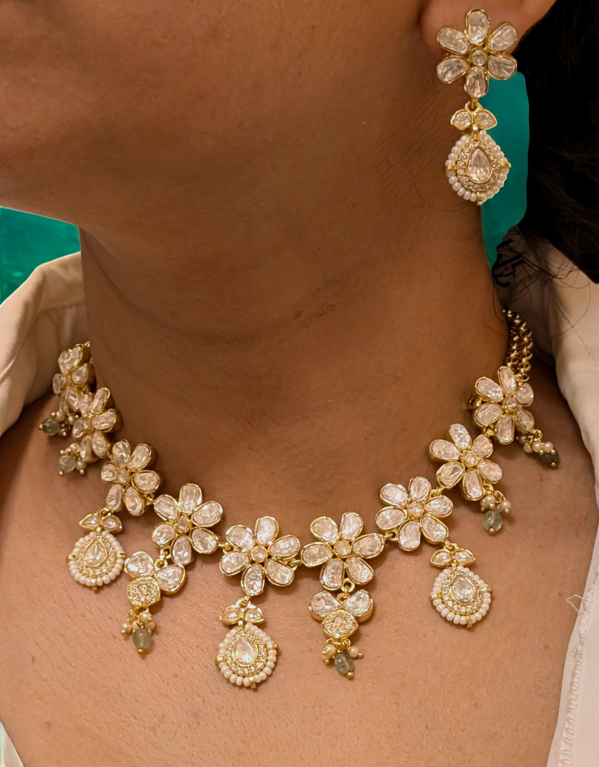 Bollywood Floral AD Necklace Earrings Set, CZ Floral Jewelry Set, AD Celeb Floral Necklace Set, AD Necklace Set, Necklace Set, AD Earrings Set