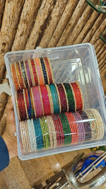 Combo Box with 3 Different Types of Glass Bangles Set | Indian Jewellery | Rain Drop Glass Bangles Set + Gold Drop Glass Bangles Set + 12 Colours 2-Line Stone Bangles Set | Premium Indian Bangles Set for Weddings & Daily Wear