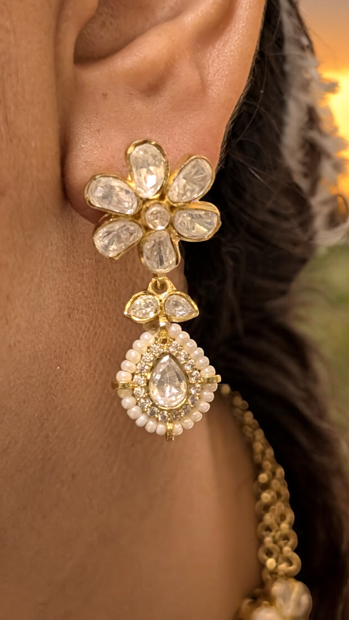 Bollywood Floral AD Necklace Earrings Set, CZ Floral Jewelry Set, AD Celeb Floral Necklace Set, AD Necklace Set, Necklace Set, AD Earrings Set