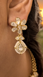 Bollywood Floral AD Necklace Earrings Set, CZ Floral Jewelry Set, AD Celeb Floral Necklace Set, AD Necklace Set, Necklace Set, AD Earrings Set