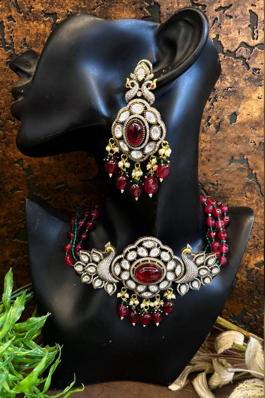 Indian Peacock Polki Meenakari Choker Jewelry Set, Meenakari Polki Choker Earrings Set, Polki Necklace Earrings Set, Polki Peacock Necklace Set