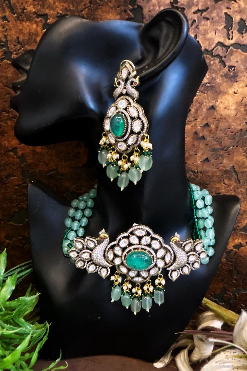 Indian Peacock Polki Meenakari Choker Jewelry Set, Meenakari Polki Choker Earrings Set, Polki Necklace Earrings Set, Polki Peacock Necklace Set