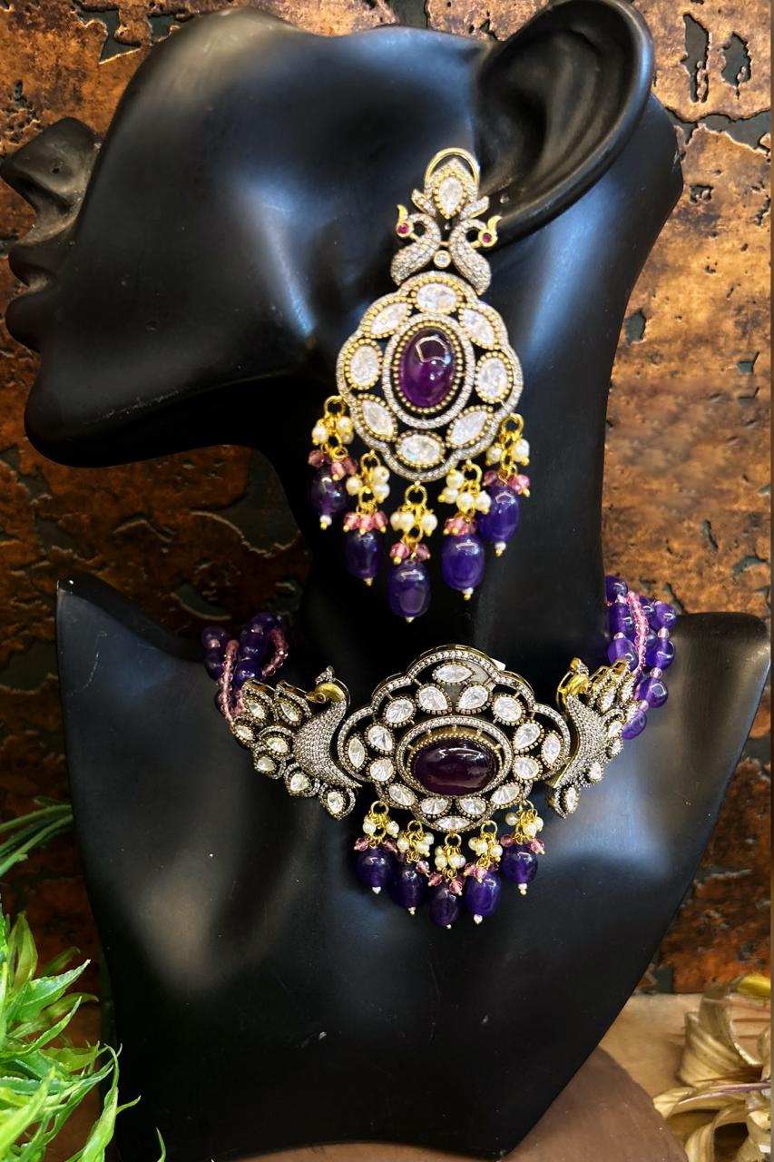 Indian Peacock Polki Meenakari Choker Jewelry Set, Meenakari Polki Choker Earrings Set, Polki Necklace Earrings Set, Polki Peacock Necklace Set
