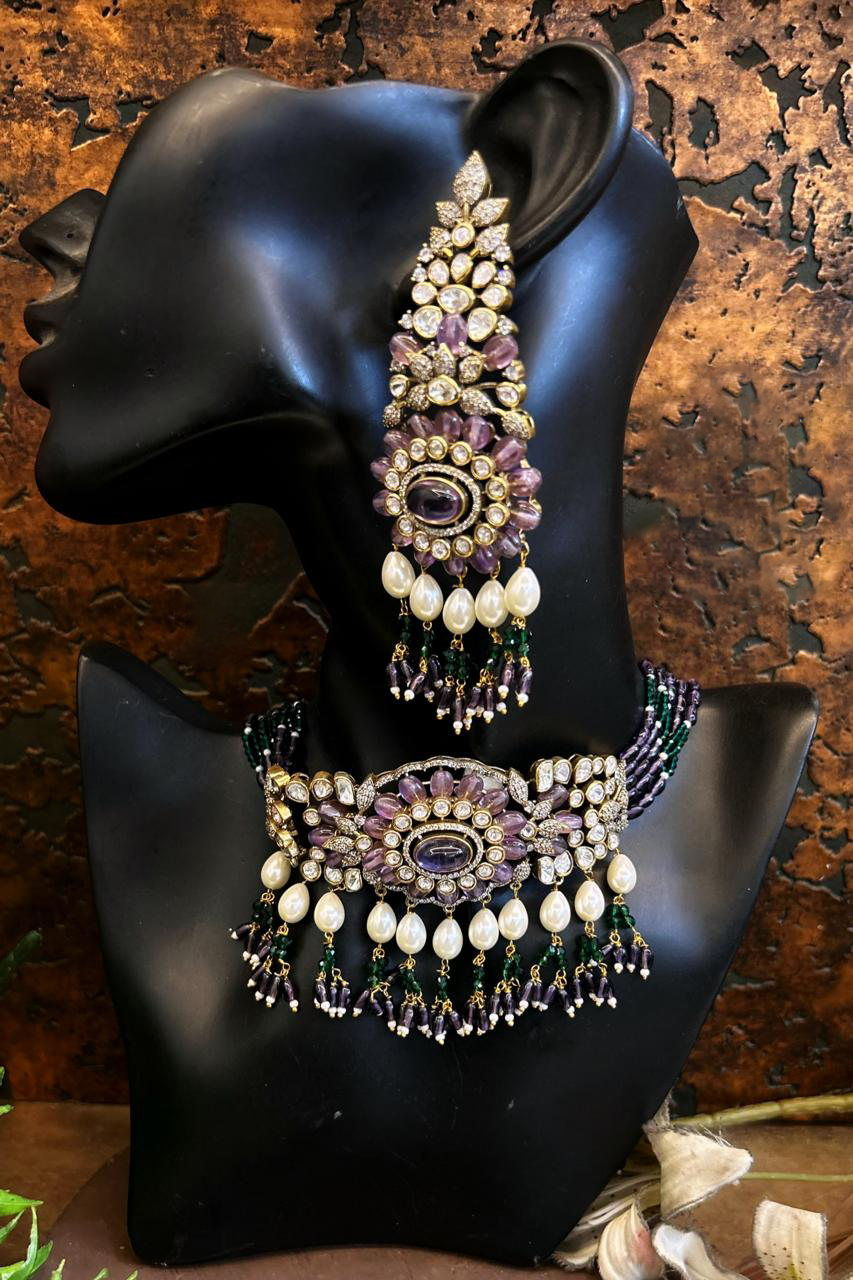 Exquisite Regal Antique Polki Choker Earrings Set, Heritage Bridal Polki Jewelry, Indian Wedding Polki Necklace Earrings, Pakistani Polki Necklace