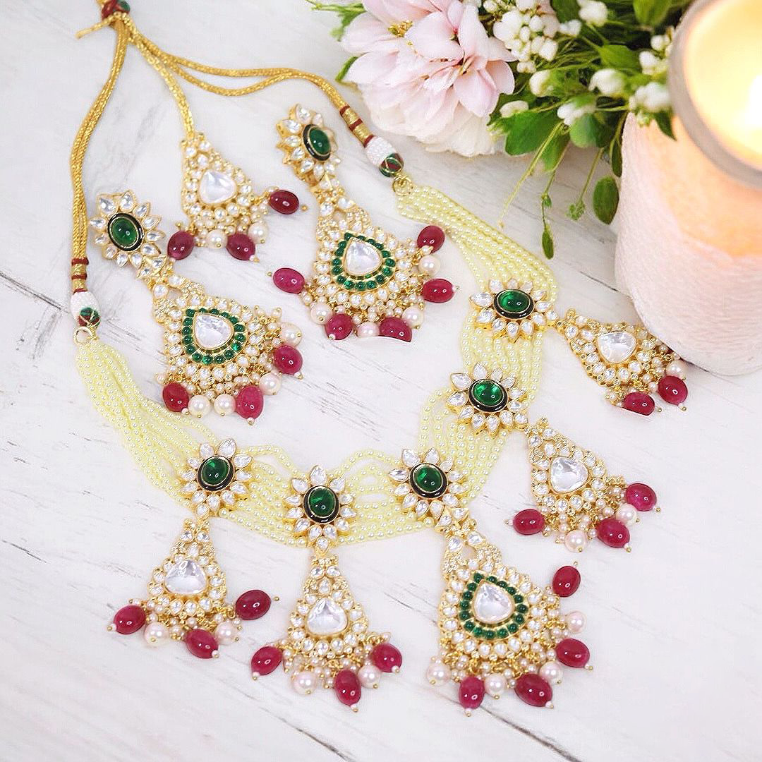 Multicolor Drops Polki Necklace Earrings Maangtika Set, Polki Drops Necklace Set, Drops Jewelry, Polki Earrings Maangtika Set, Polki Necklace earrings Mangtika, Pakistani Polki Maangtika Set, Bridal Polki Jewellery Set