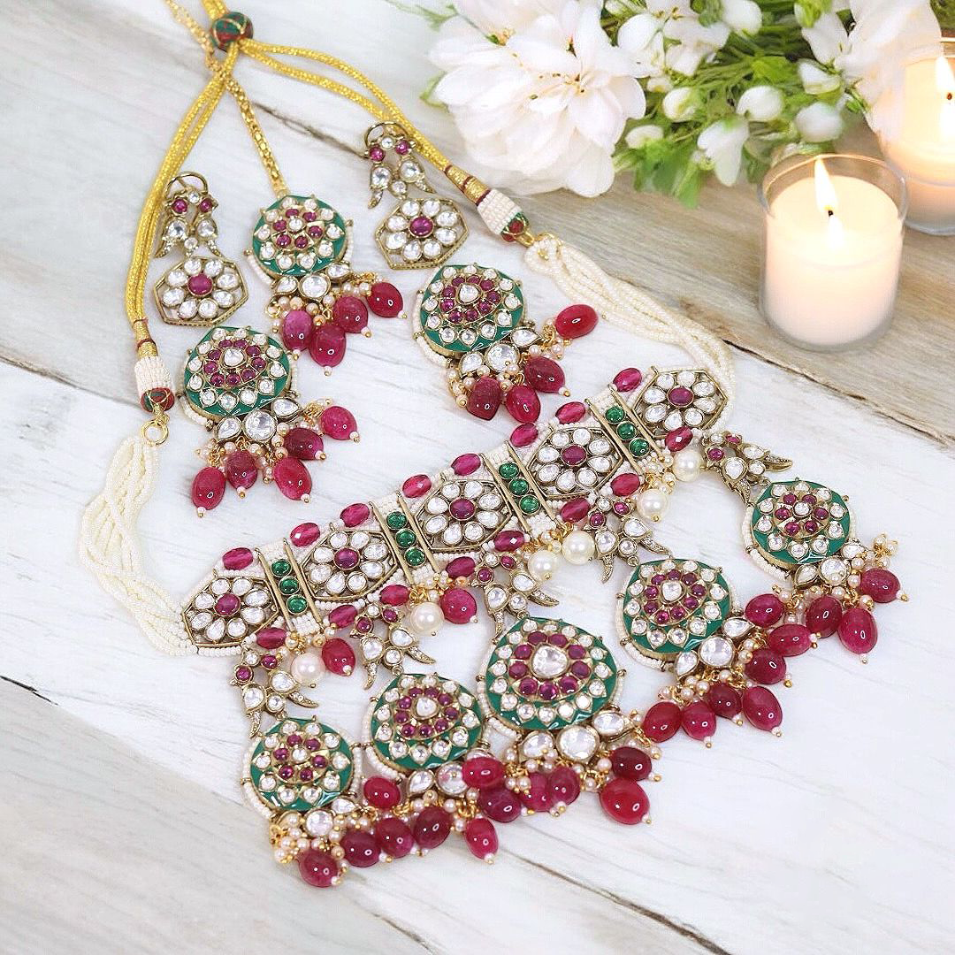 Indian Wedding Polki Necklace Earrings Maangtika Set, Wedding Polki Necklace Set, Indian&nbsp; Polki Jewelry, Polki Jewellery Set