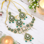 Luxurious Green Stone Kundan Choker Earrings Maangtika Set, Polki Stone Jewely Set, Polki Stones Necklace Set, Wedding Polki Choker Earrings Mangtika Set, Polki Mangtika Jewelry, Indian Polki Choker Set