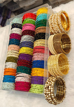 Thread Bangle Combo Box 36 Colours – Gold Moti Bangles, Ball Chain, Lariya Moti Kada Bridal & Festive Indian Bangles Combo Set