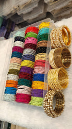 Thread Bangle Combo Box 36 Colours – Gold Moti Bangles, Ball Chain, Lariya Moti Kada Bridal & Festive Indian Bangles Combo Set