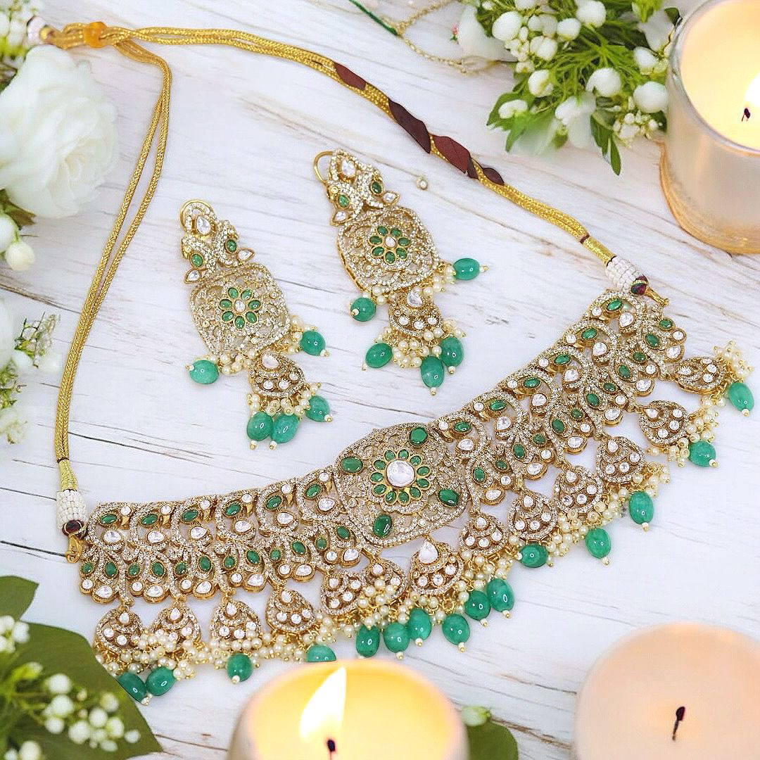 Emerald Elegance Classic Polki Choker Earrings Jewelry Set, Classic Polki Choker, Polki Earrings Set, Polki Necklace Set, Polki Bridal Jewelry