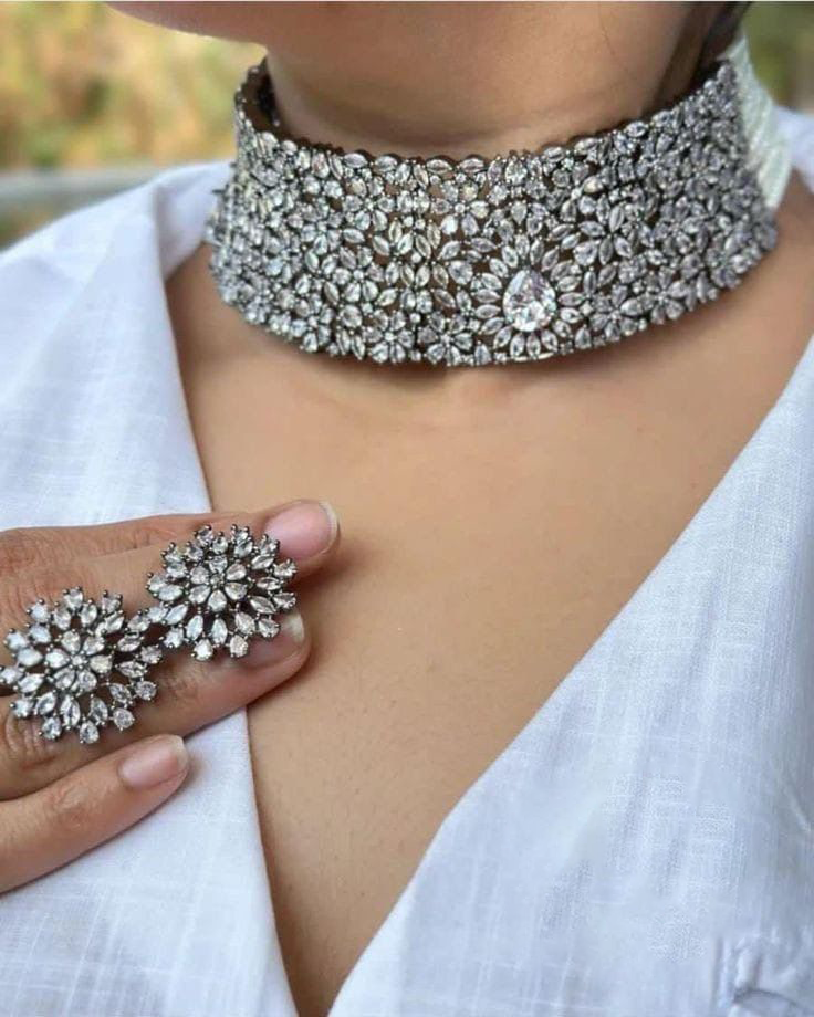 Polki Alia Bhatt Inspired Choker Earrings Set, Silver Polki Choker Set, Alia Bhatt Jewellery, Alia Bhatt Necklace Set, Silver Polki Choker Set, Bridal Silver Necklace, Alia Bhatt Jewelry