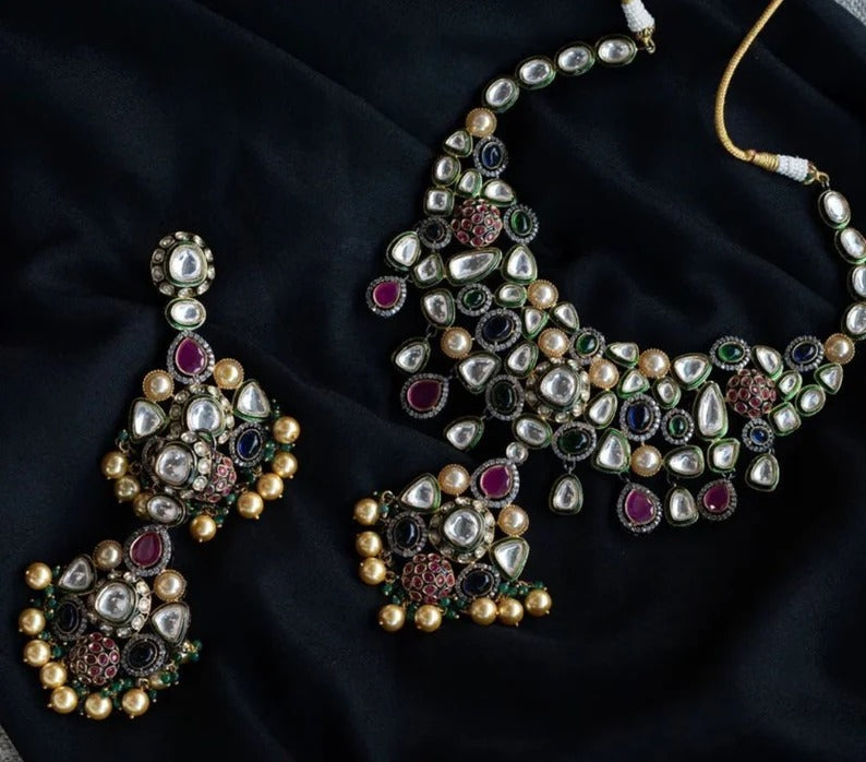 Sabyasachi Premium Polki Kundan Necklace Set, Bridal Necklace Set, Indian Bridal Jewelry