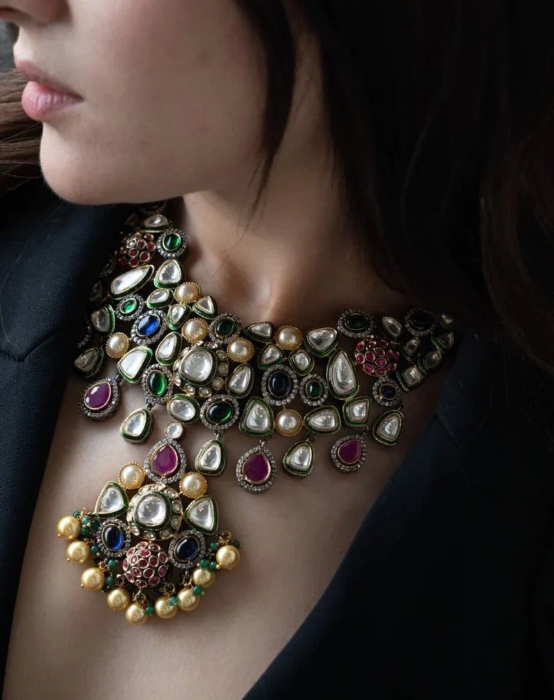 Sabyasachi Premium Polki Kundan Necklace Set, Bridal Necklace Set, Indian Bridal Jewelry