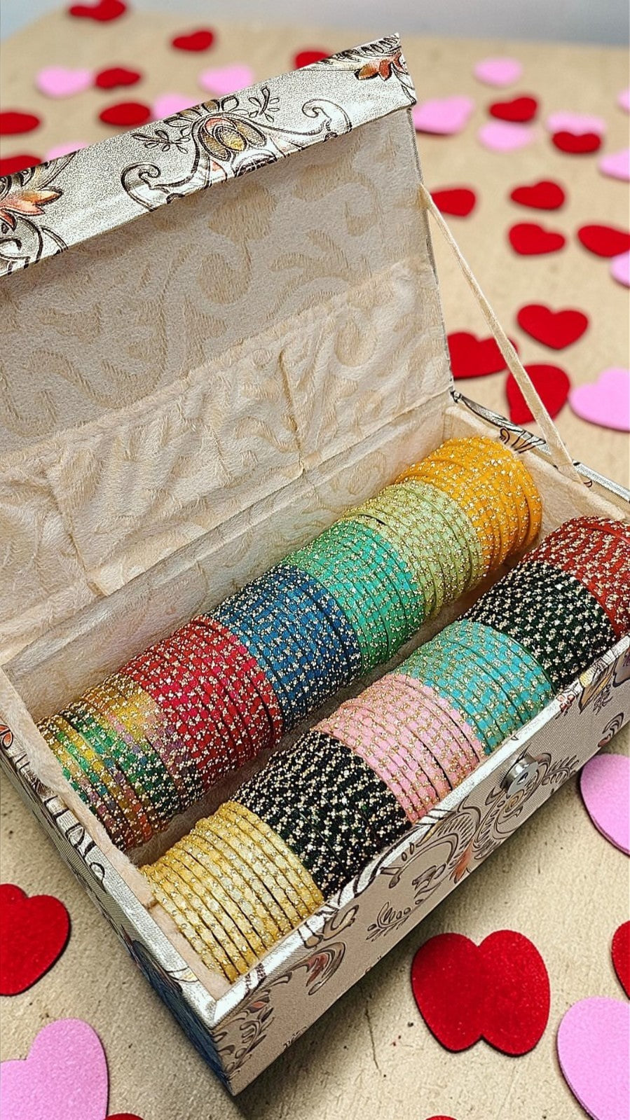 Flower Glass Bangles Combo Box – 12 Colours | 12 Dozen Chudi Set with 2 Roll Flower Print Bangles | Traditional Indian Jewellery
