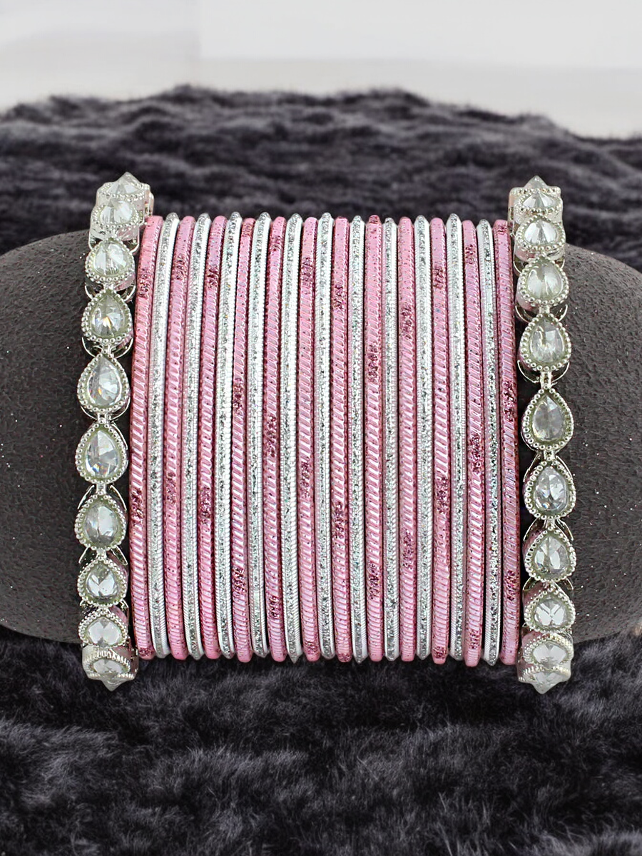 Pink & Silver Kundan Bangle Set, Indian Bangles, Indian Wedding Jewelry, Kundan Jewelry, Pearl Bangle Set, Pakistani Bangle Stack