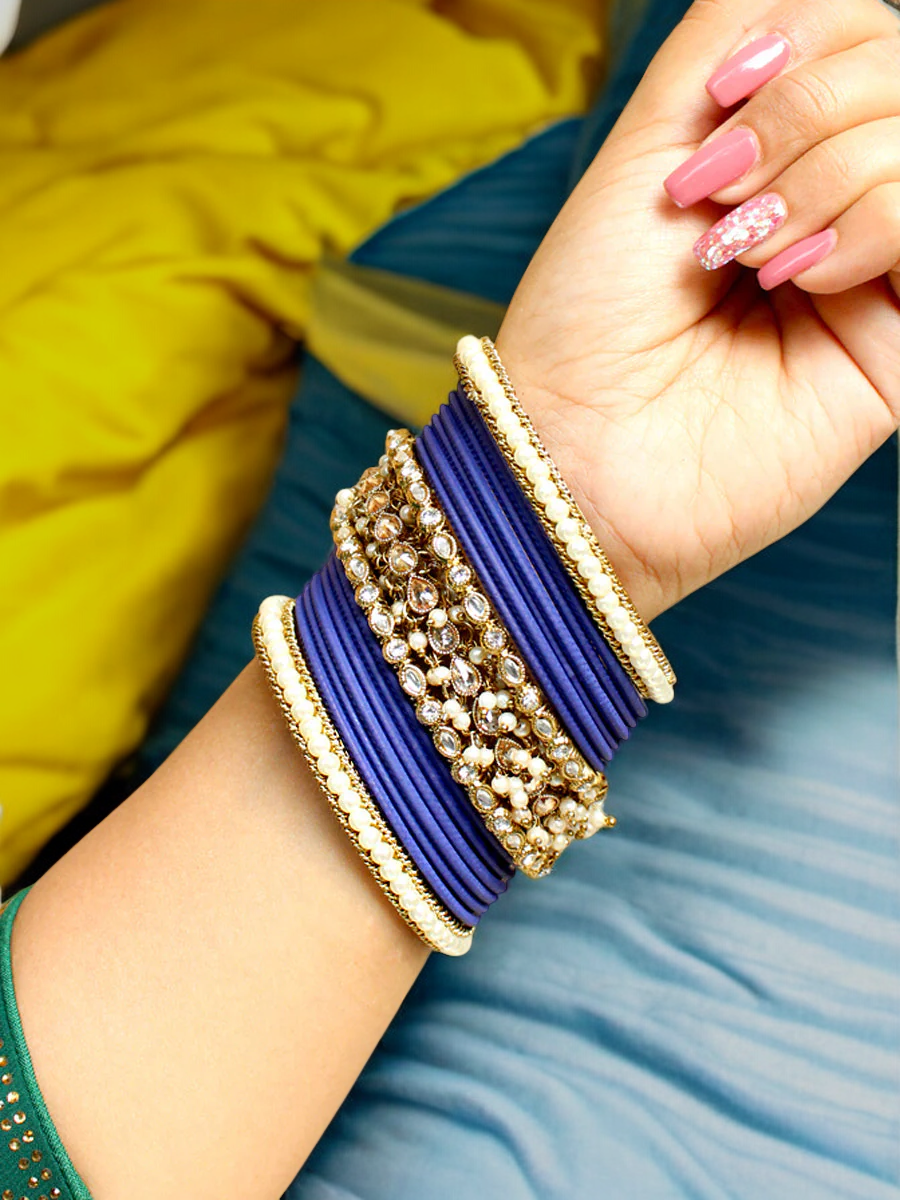 Blue Pearl Beaded Kundan Bangle Set, Indian Bangles, Bollywood Bangles, Kundan Bangles Set