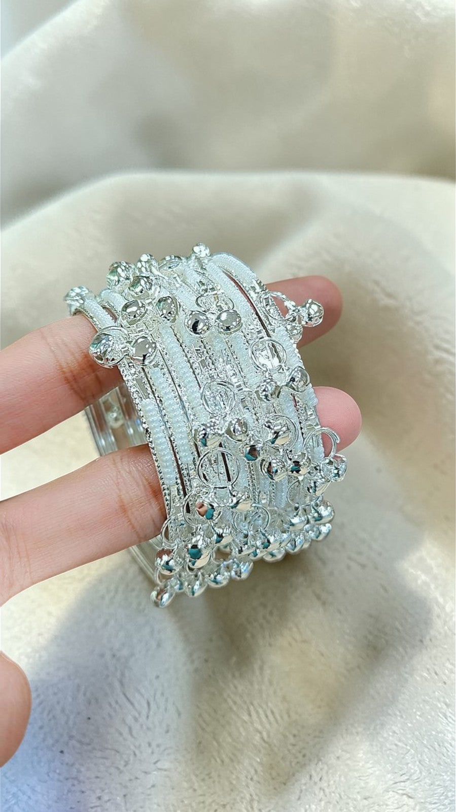 Indian New Moti Silver Golden Kashmiri Ghungroo Bangles 8 PCS Set|Traditional Indian Wedding Glass Bangles with Ghungroo | Ethnic Bridal Jewellery