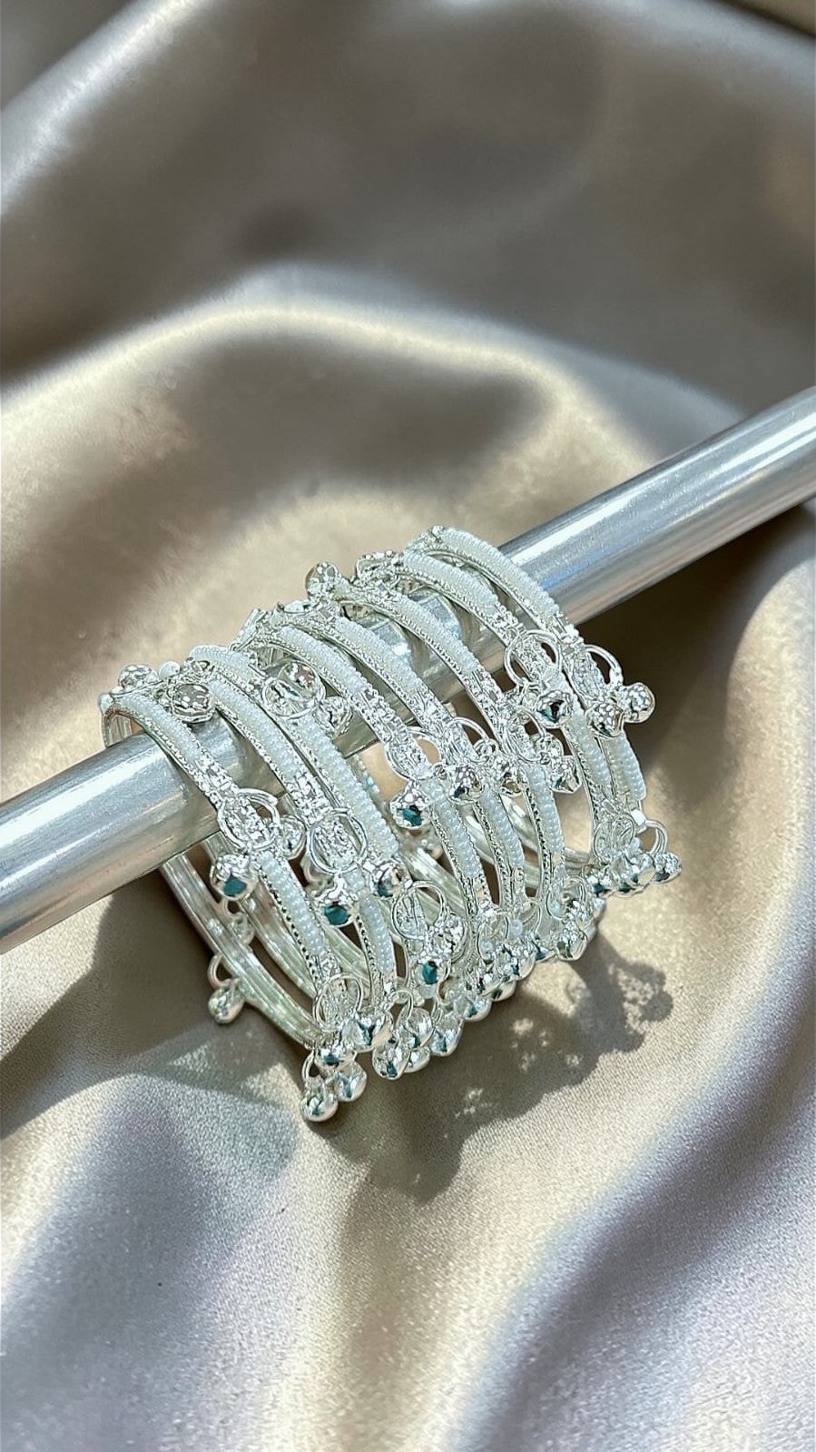 Indian New Moti Silver Golden Kashmiri Ghungroo Bangles 8 PCS Set|Traditional Indian Wedding Glass Bangles with Ghungroo | Ethnic Bridal Jewellery