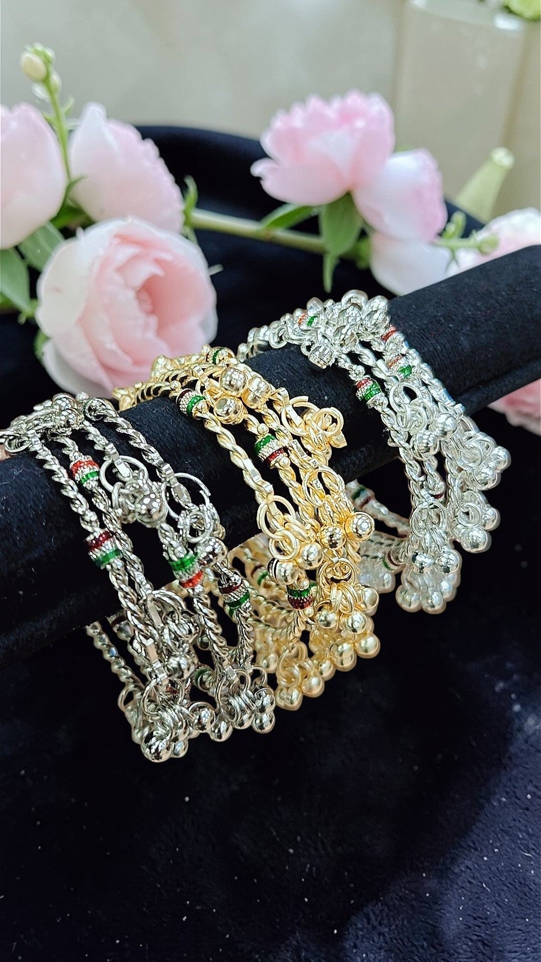 Kashmiri Ghungroo Bangles Set (3 Colors Combo – Silver, Black & Golden) | Premium Glass Bangles | Traditional Indian Ethnic Jewellery Gift Box